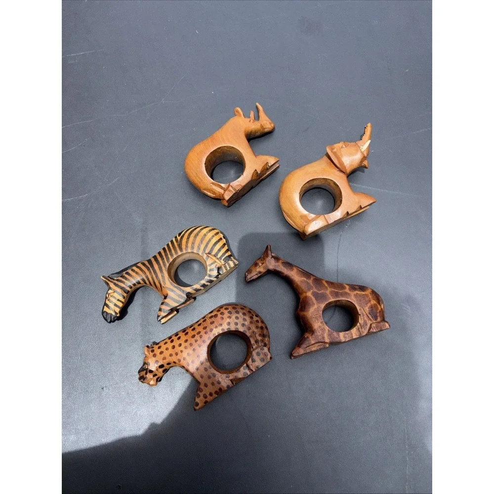 Safari Hand Carved Wooden  Napkin Rings Set Of 5